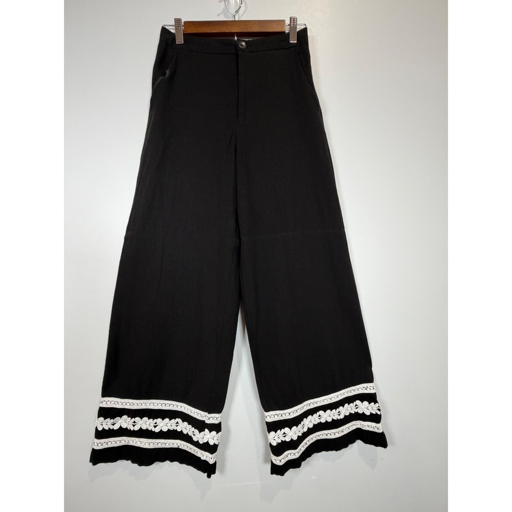 Rich & Famous Black Linen Blend Wide Leg Pants White Crochet Lace‎ Trim Small